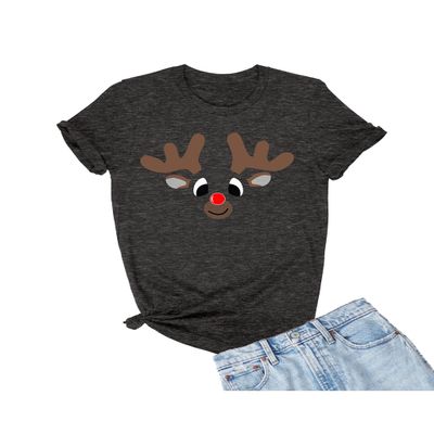 Small Heather Black Mens Christmas Reindeer Rudolf Face Funny Holiday T-Shirt