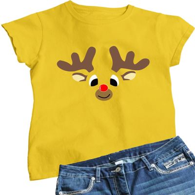 Large Yellow Women Christmas Reindeer Rudolf Face Funny Holiday T-Shirt