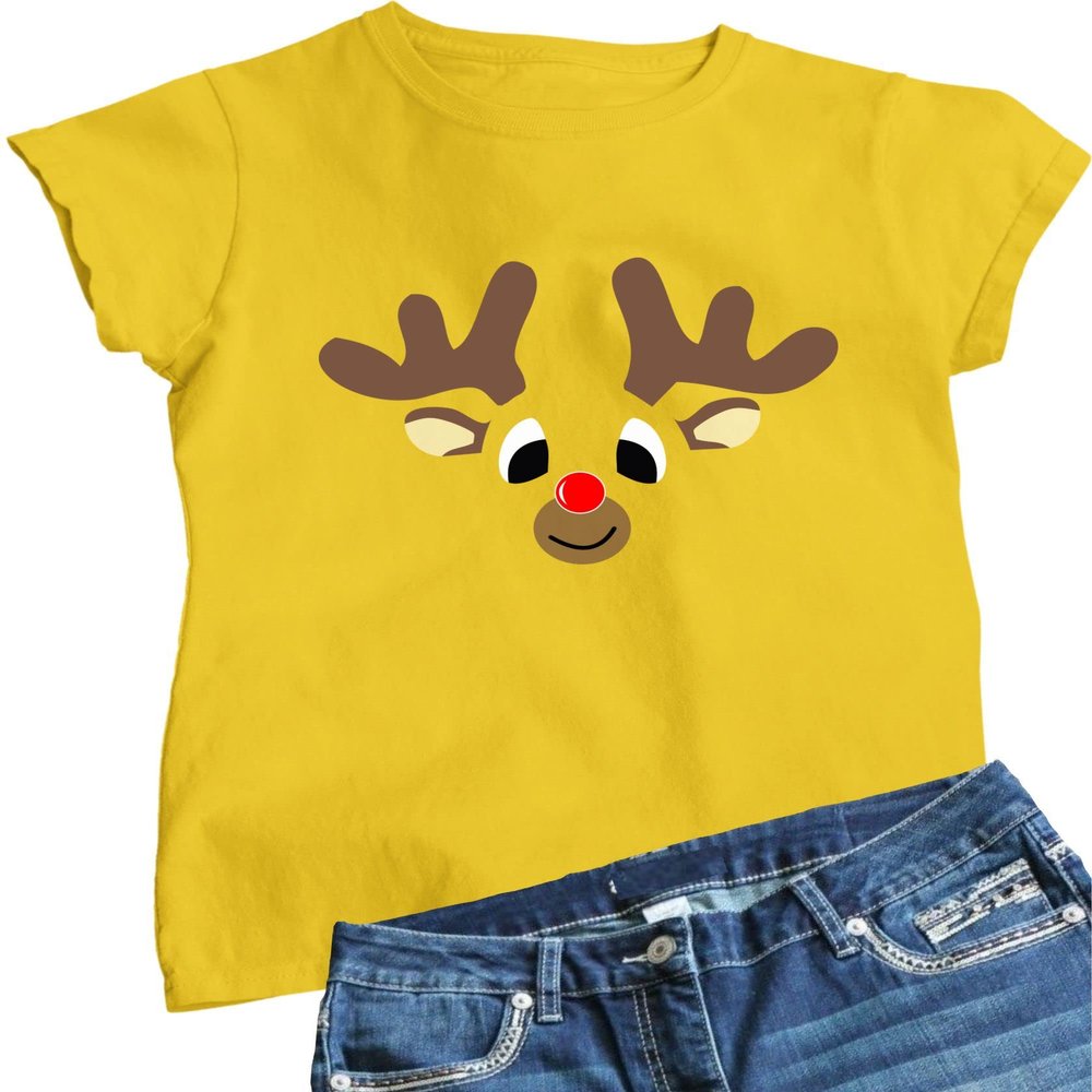 Large Yellow Women Christmas Reindeer Rudolf Face Funny Holiday T-Shirt