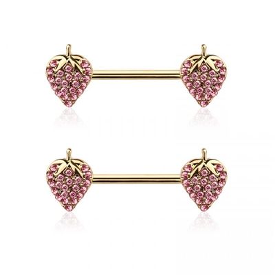 14GA 316L Stainless Steel CZ Crystal Paved Strawberry Nipple Barbells, Sold as a Pair (Gold Tone)