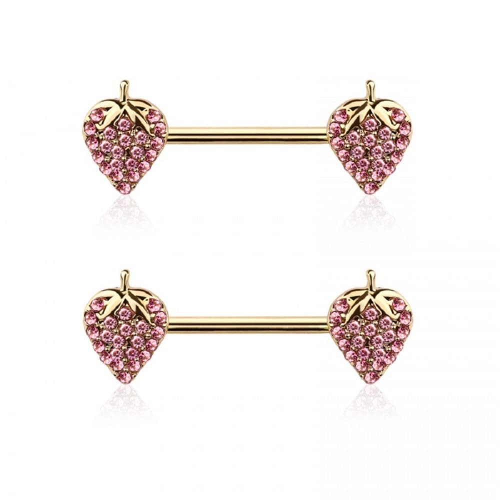 14GA 316L Stainless Steel CZ Crystal Paved Strawberry Nipple Barbells, Sold as a Pair (Gold Tone)