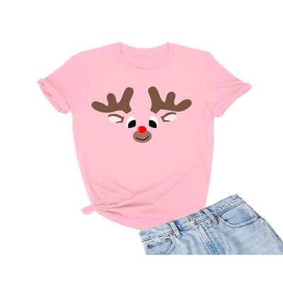 5X-Large Pink Mens Christmas Reindeer Rudolf Face Funny Holiday T-Shirt