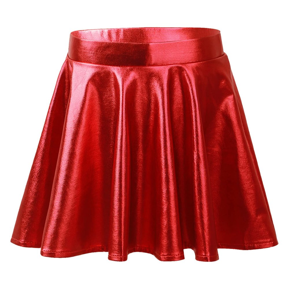 renvena Kids Girls Shiny Metallic Stretchy Flared High Waist Mini Skater Skirt A-Line Pleated Athletic Dance Skirt Red 14 Years