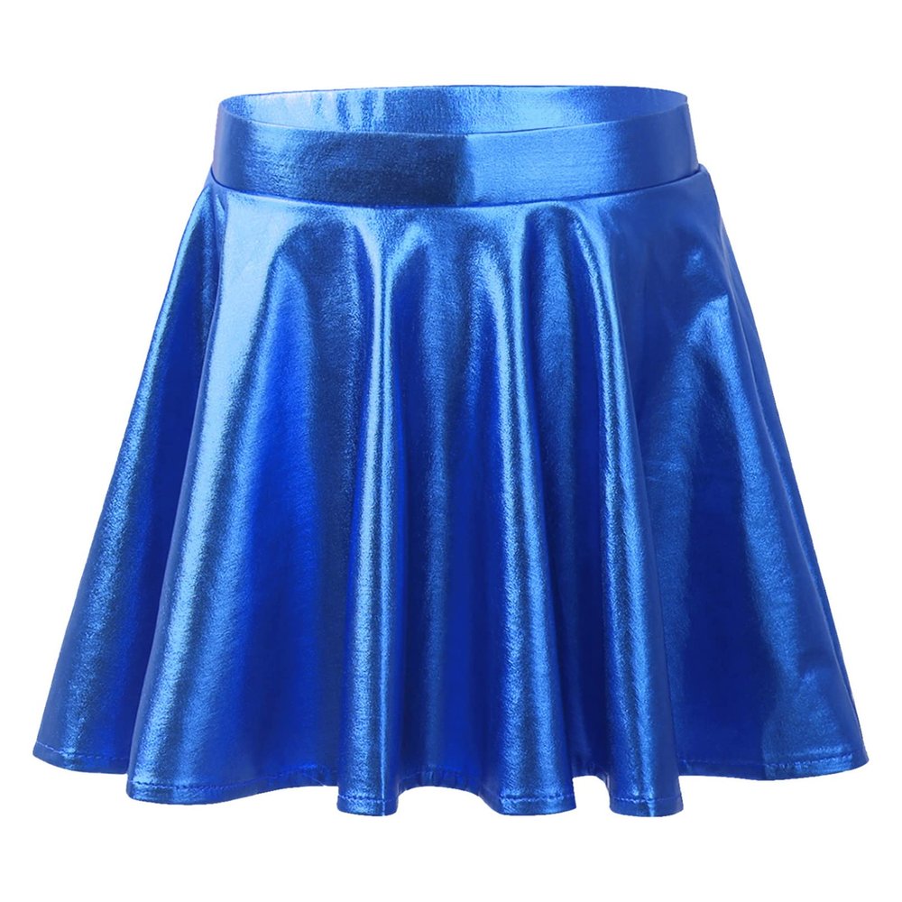 renvena Kids Girls Shiny Metallic Stretchy Flared High Waist Mini Skater Skirt A-Line Pleated Athletic Dance Skirt Royal Blue 14 Years