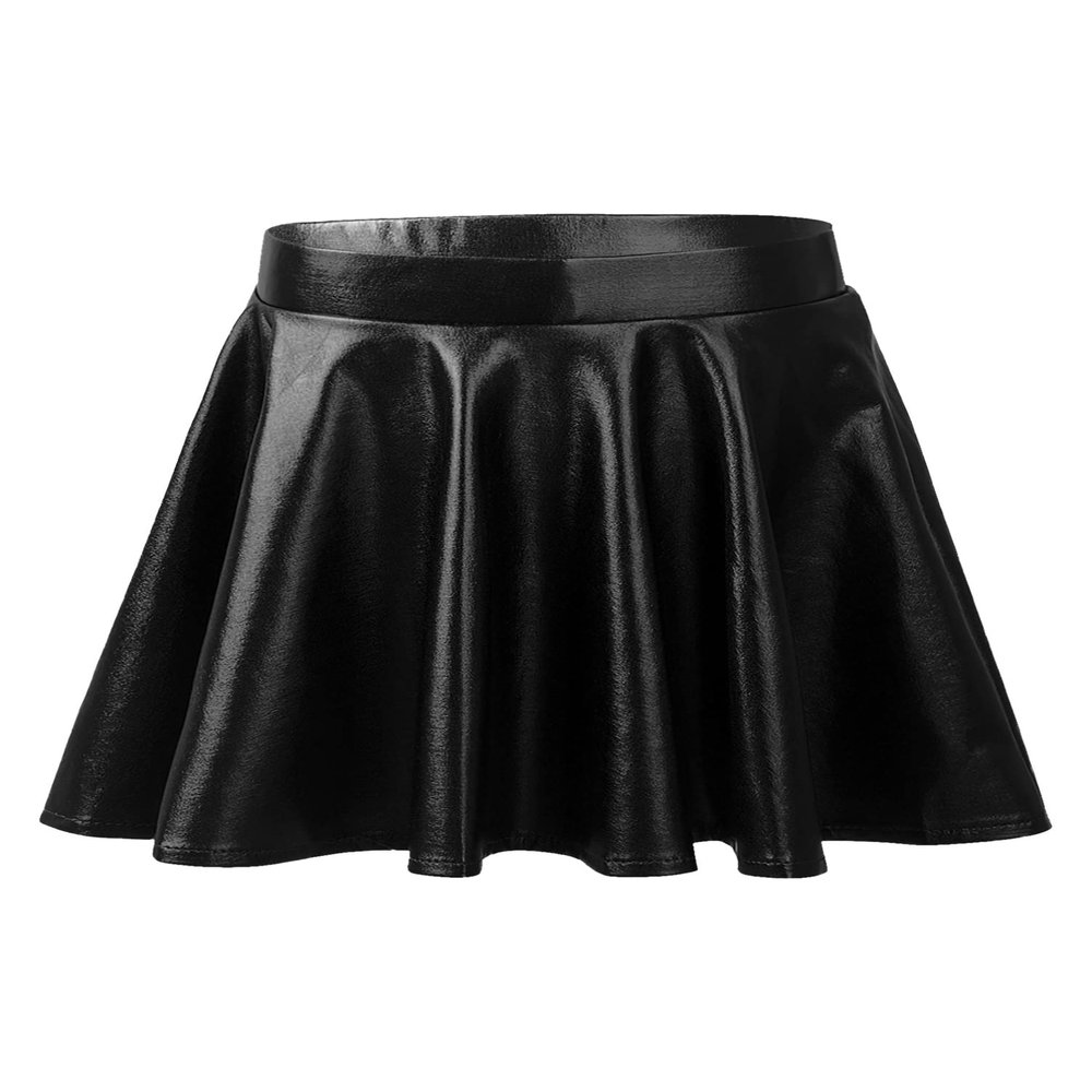 dPois Girls Kids Shiny Metallic Flared Pleated Mini Skirt A-Line Skater Skort Ballet Jazz Hip Hop Dance Outfit Black A 8
