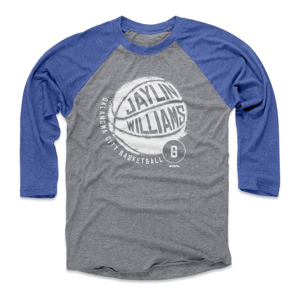 500 LEVEL Jaylin Williams 3/4 Sleeve T-Shirt (Baseball Tee, Large, Royal/Heather Gray) - Jaylin Williams Oklahoma City Basketball WHT