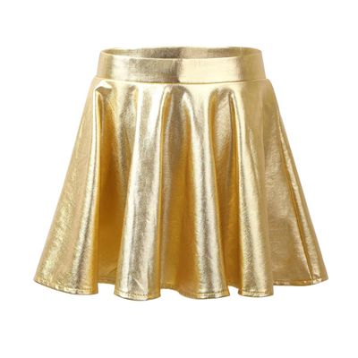 renvena Kids Girls Shiny Metallic Stretchy Flared High Waist Mini Skater Skirt A-Line Pleated Athletic Dance Skirt Gold 10 Years