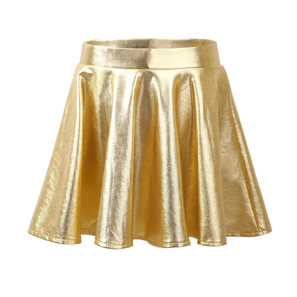 renvena Kids Girls Shiny Metallic Stretchy Flared High Waist Mini Skater Skirt A-Line Pleated Athletic Dance Skirt Gold 10 Years