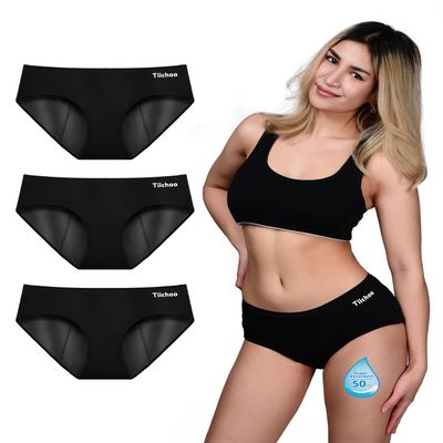 TIICHOO Period Underwear for Women Heavy Flow Soft Absorbent Menstrual Panties Incontinence Leakproof 3 Pack (Small, 3 Black)