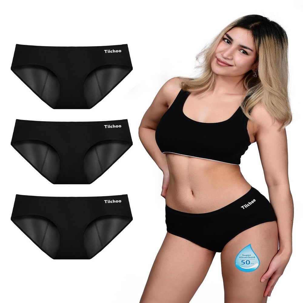 TIICHOO Period Underwear for Women Heavy Flow Soft Absorbent Menstrual Panties Incontinence Leakproof 3 Pack (Small, 3 Black)
