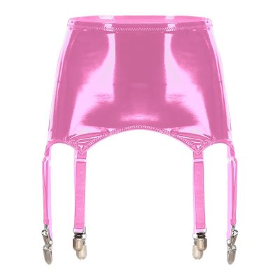 Women's High Waist Skirt Garter Belt 6 Claw Metal Wide Straps Sexy Leather Bodycon Mini Pencil Skirt 2# Pink X-Large