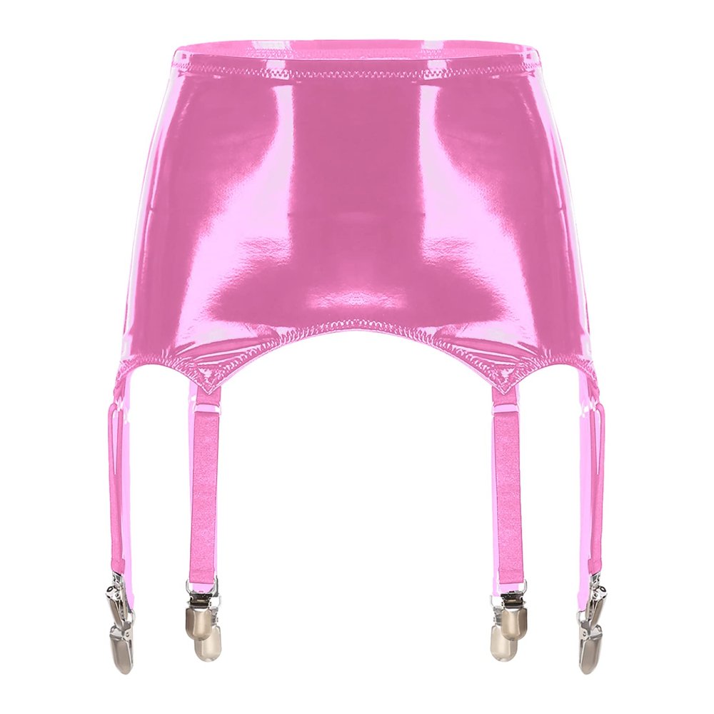 Women's High Waist Skirt Garter Belt 6 Claw Metal Wide Straps Sexy Leather Bodycon Mini Pencil Skirt 2# Pink X-Large