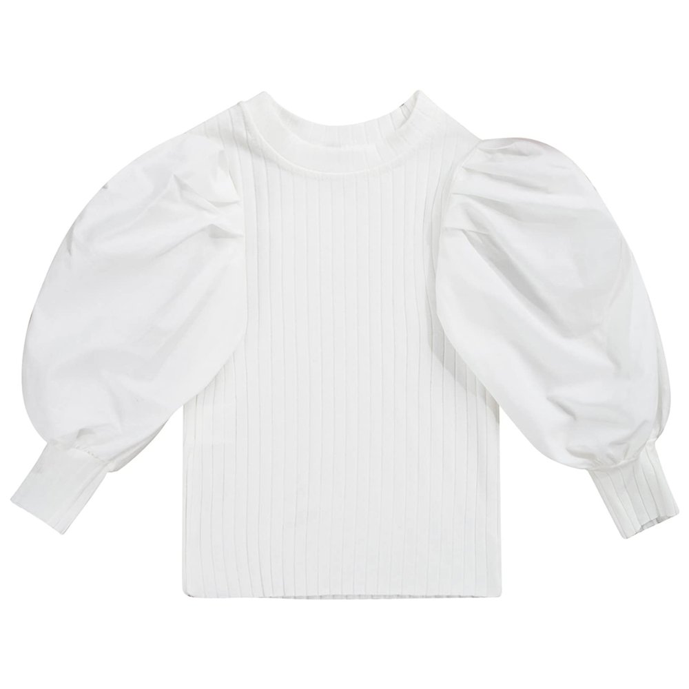 QinCiao Toddler Little Girl Puff Long Sleeve Pullover Tshirt Basic Solid T-Shirt Blouse Top White 12-18 Months