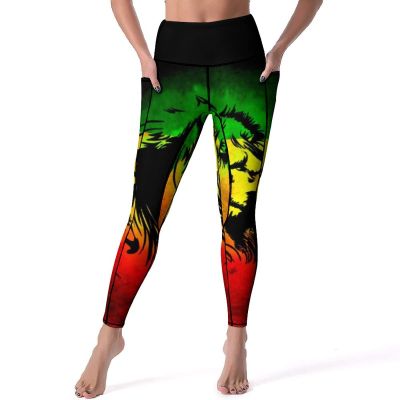 Bagea-Ka Jamaican Lion Flag Pattern High Waisted Leggings for Women Yoga Pants with Pocket Workout Sports Athletic
