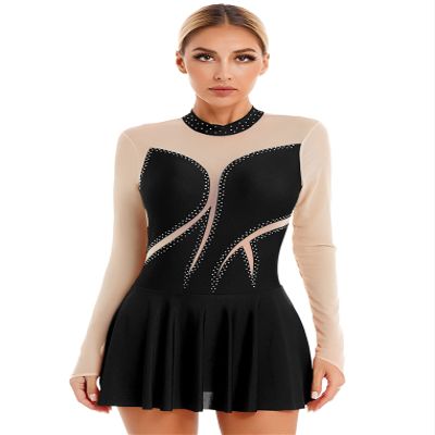 ACSUSS Women's Figure Skating Dress Mesh Patchwork Long Sleeved Ice Skating Skirt Competition Dresses #8 Black Large