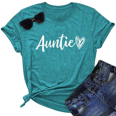 Auntie T Shirt Women Cute Love Heart Print Bless Aunt Tops Tees Casual Short Sleeve Vacation Shirts Tops (Cyan, Medium)