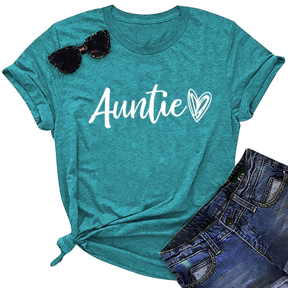 Auntie T Shirt Women Cute Love Heart Print Bless Aunt Tops Tees Casual Short Sleeve Vacation Shirts Tops (Cyan, Medium)