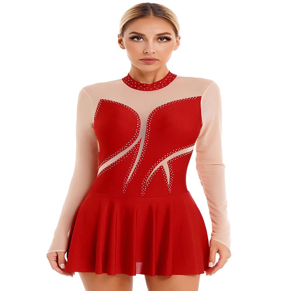 ACSUSS Women's Figure Skating Dress Mesh Patchwork Long Sleeved Ice Skating Skirt Competition Dresses #8 Red Large