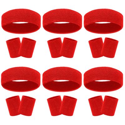 18 Pcs Sweatbands Headband Wristband Set Colorful Striped Terry Cloth Sports Athletic Gym 80s Sweat Headbands Wrist Bands (Red)