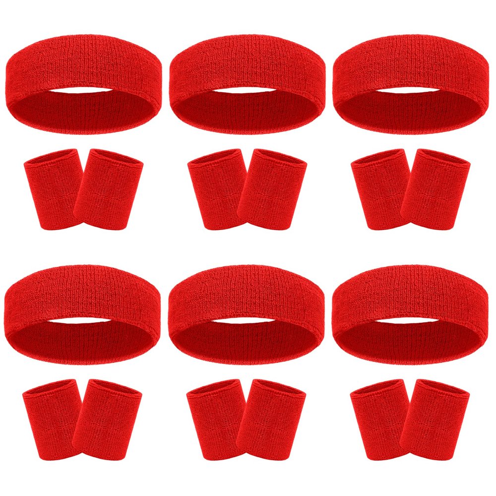 18 Pcs Sweatbands Headband Wristband Set Colorful Striped Terry Cloth Sports Athletic Gym 80s Sweat Headbands Wrist Bands (Red)