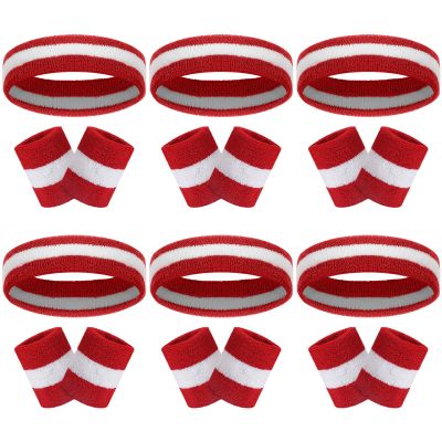 18 Pcs Sweatbands Headband Wristband Set Colorful Striped Terry Cloth Sports Athletic Gym 80s Sweat Headbands Wrist Bands (Red White Stripe)
