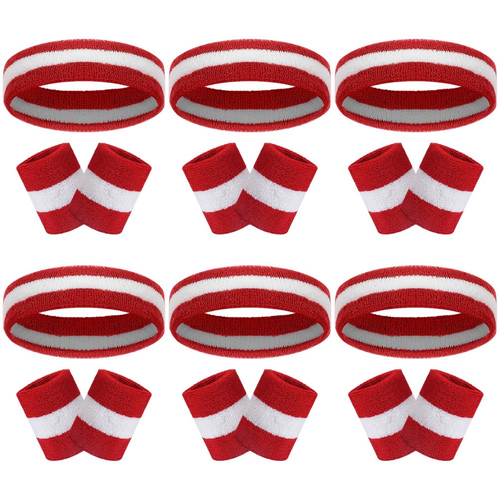18 Pcs Sweatbands Headband Wristband Set Colorful Striped Terry Cloth Sports Athletic Gym 80s Sweat Headbands Wrist Bands (Red White Stripe)