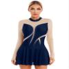 ACSUSS Women's Figure Skating Dress Mesh Patchwork Long Sleeved Ice Skating Skirt Competition Dresses #8 Navy Blue Large view 1