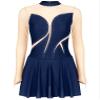 ACSUSS Women's Figure Skating Dress Mesh Patchwork Long Sleeved Ice Skating Skirt Competition Dresses #8 Navy Blue Large view 3