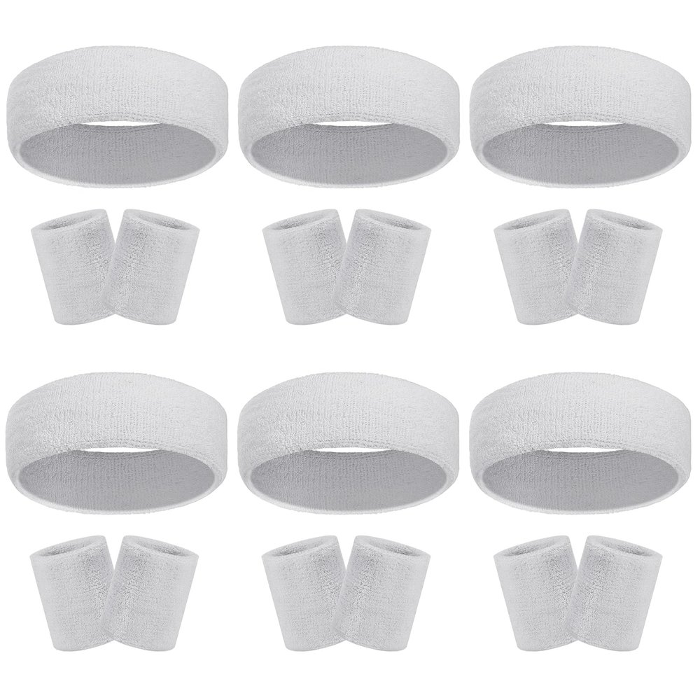 18 Pcs Sweatbands Headband Wristband Set Colorful Striped Terry Cloth Sports Athletic Gym 80s Sweat Headbands Wrist Bands (White)