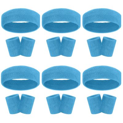18 Pcs Sweatbands Headband Wristband Set Colorful Striped Terry Cloth Sports Athletic Gym 80s Sweat Headbands Wrist Bands (Sky Blue)