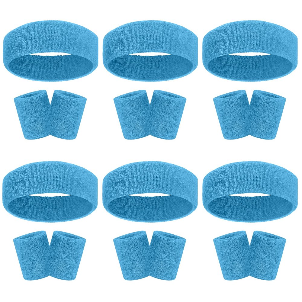 18 Pcs Sweatbands Headband Wristband Set Colorful Striped Terry Cloth Sports Athletic Gym 80s Sweat Headbands Wrist Bands (Sky Blue)