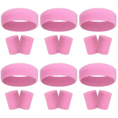 18 Pcs Sweatbands Headband Wristband Set Colorful Striped Terry Cloth Sports Athletic Gym 80s Sweat Headbands Wrist Bands (Pink)