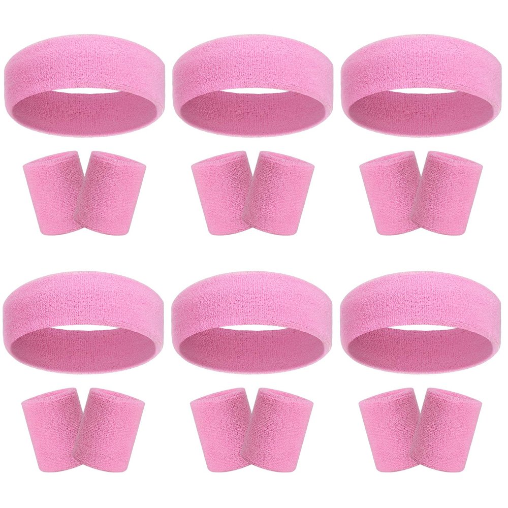 18 Pcs Sweatbands Headband Wristband Set Colorful Striped Terry Cloth Sports Athletic Gym 80s Sweat Headbands Wrist Bands (Pink)