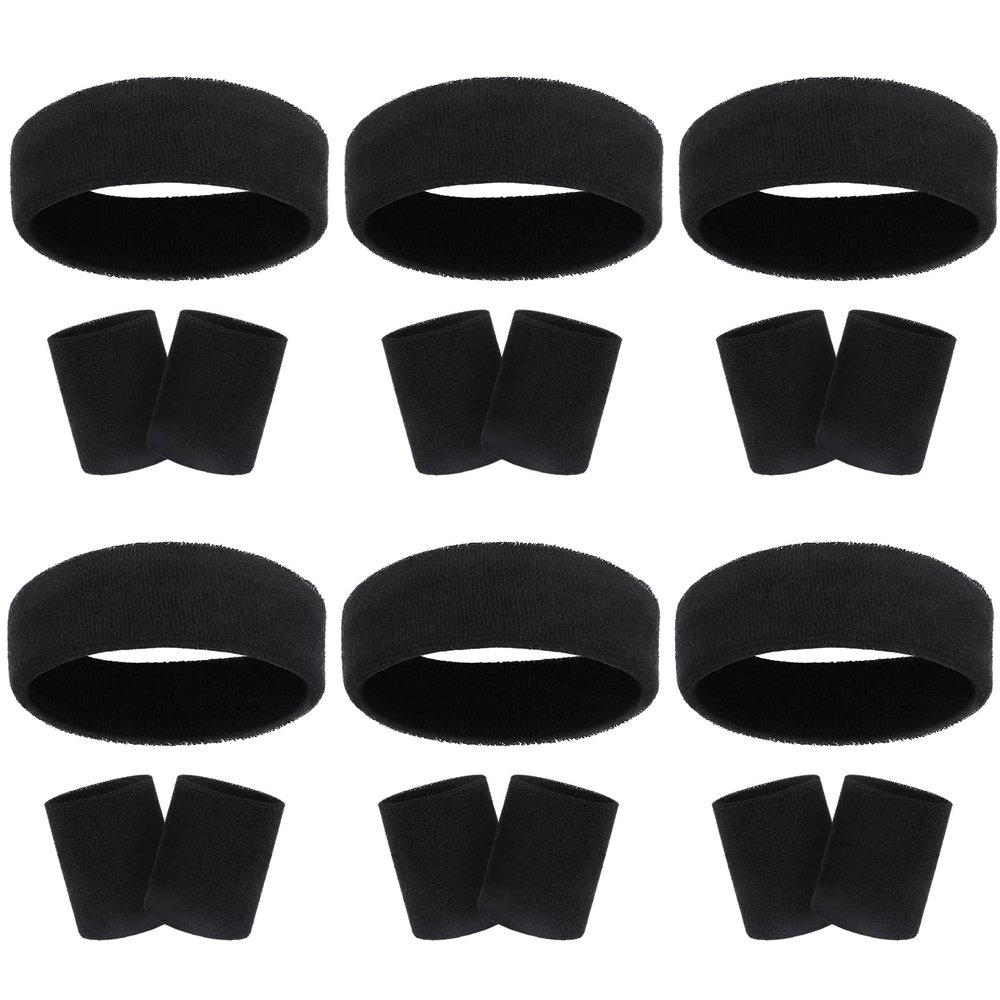 18 Pcs Sweatbands Headband Wristband Set Colorful Striped Terry Cloth Sports Athletic Gym 80s Sweat Headbands Wrist Bands (Black)