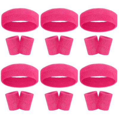 18 Pcs Sweatbands Headband Wristband Set Colorful Striped Terry Cloth Sports Athletic Gym 80s Sweat Headbands Wrist Bands (Rose Red)