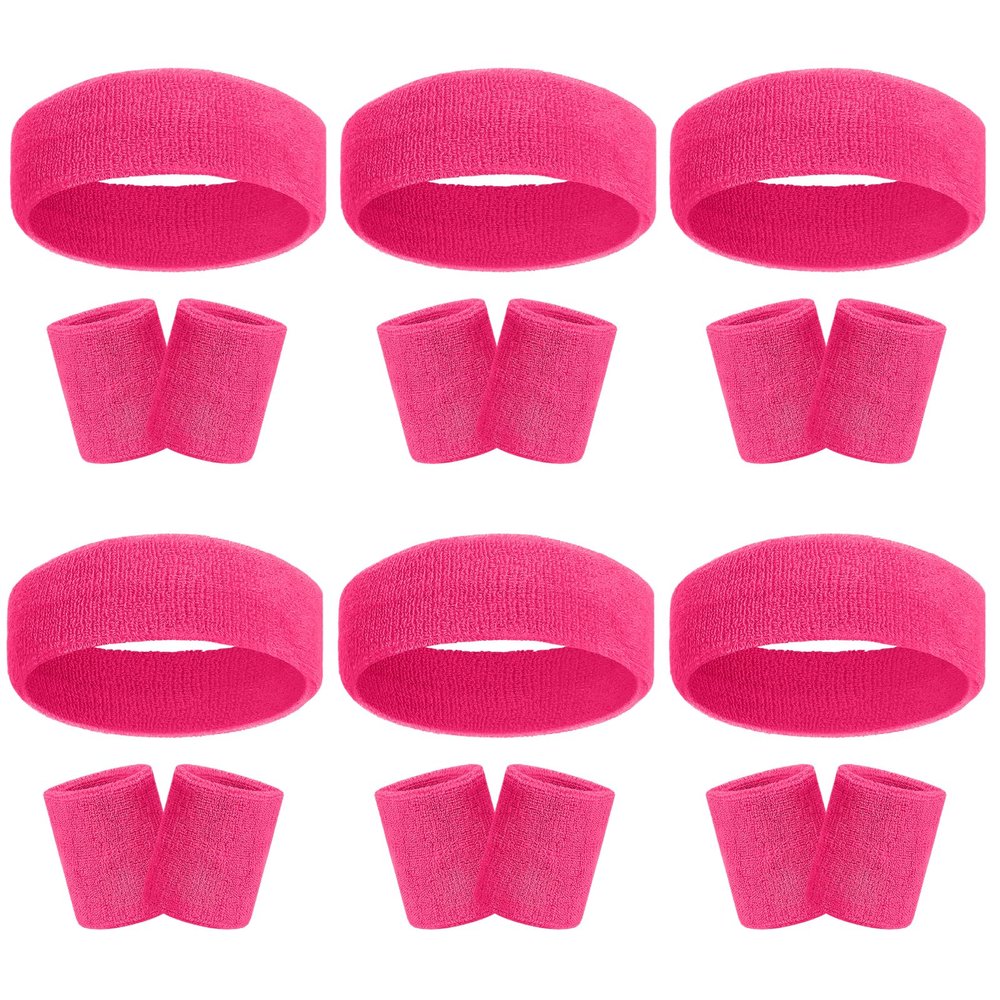 18 Pcs Sweatbands Headband Wristband Set Colorful Striped Terry Cloth Sports Athletic Gym 80s Sweat Headbands Wrist Bands (Rose Red)