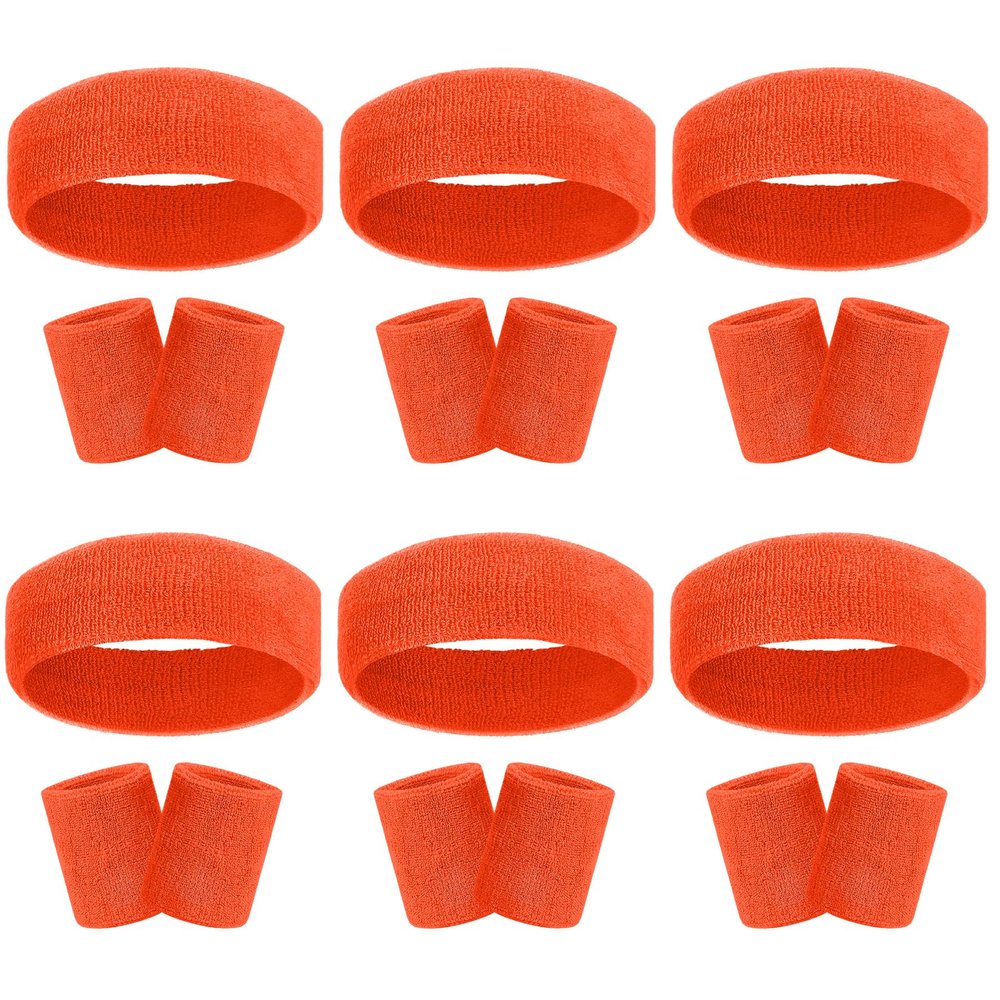 18 Pcs Sweatbands Headband Wristband Set Colorful Striped Terry Cloth Sports Athletic Gym 80s Sweat Headbands Wrist Bands (Orange)