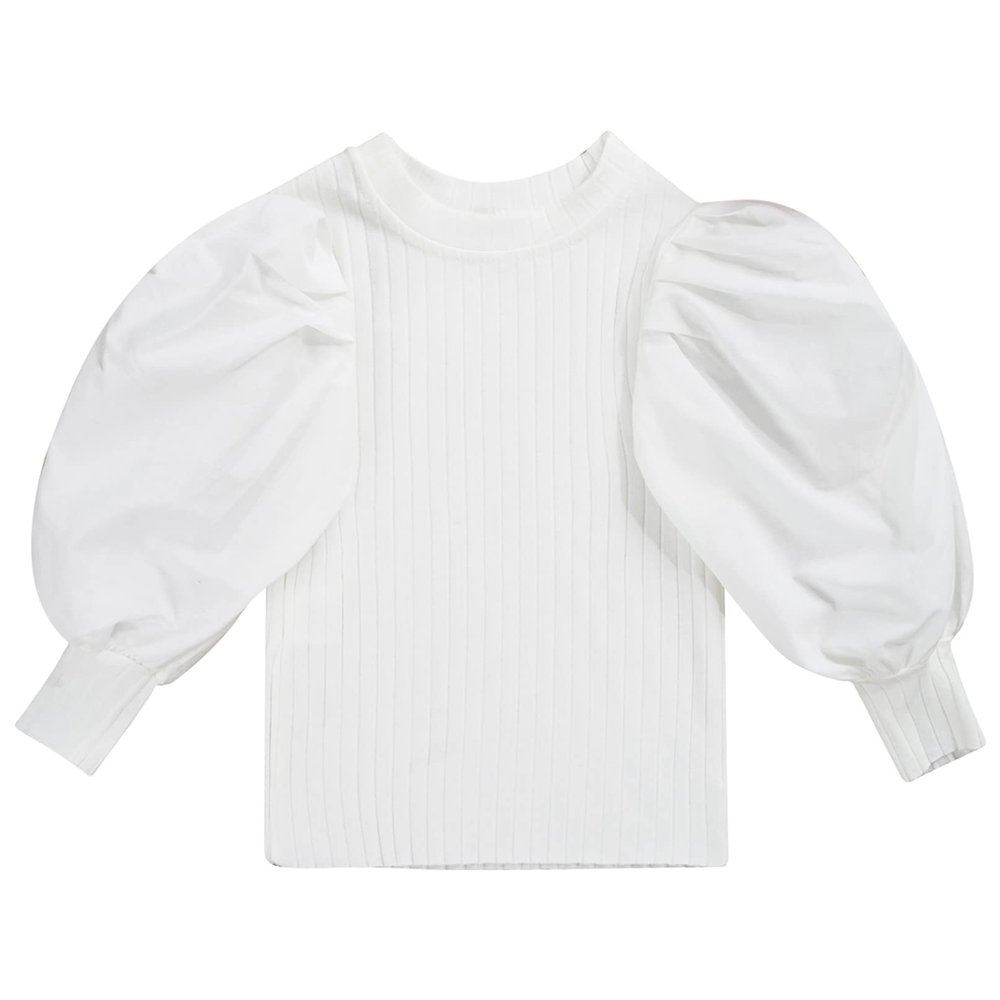 iiniim Toddler Kids Girls Casual Puff Long Sleeve Round Neck Rib Knit Blouse Tee Tops White 12-18 Months