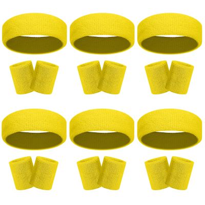 18 Pcs Sweatbands Headband Wristband Set Colorful Striped Terry Cloth Sports Athletic Gym 80s Sweat Headbands Wrist Bands (Yellow)