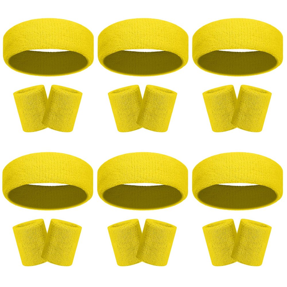 18 Pcs Sweatbands Headband Wristband Set Colorful Striped Terry Cloth Sports Athletic Gym 80s Sweat Headbands Wrist Bands (Yellow)