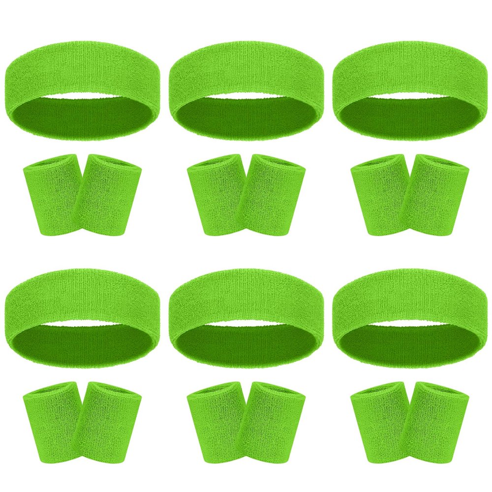 18 Pcs Sweatbands Headband Wristband Set Colorful Striped Terry Cloth Sports Athletic Gym 80s Sweat Headbands Wrist Bands (Green)