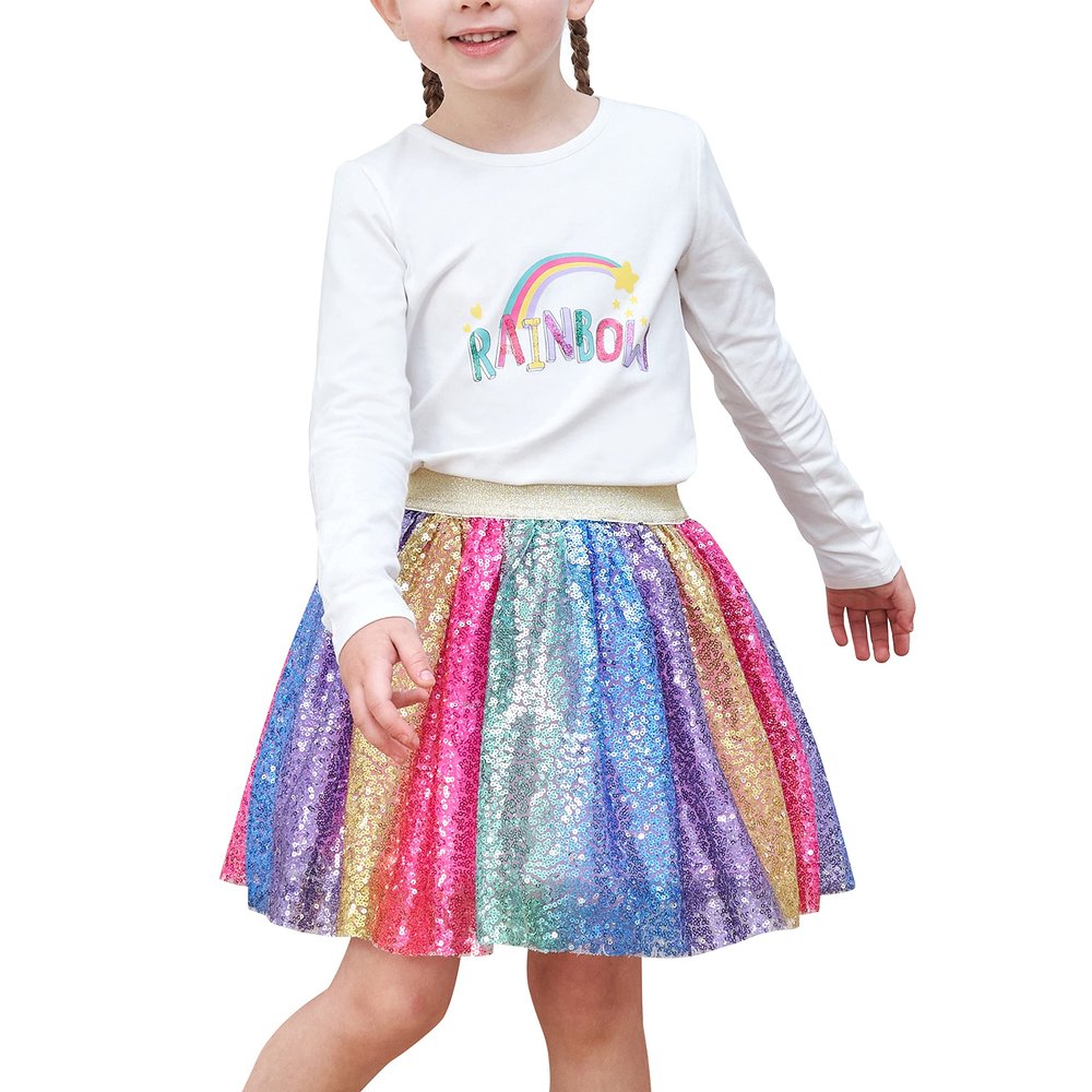 Girls Skirt Set 2 Piece Long Shirt Tutu Skirt Rainbow Multicolor Sequin 9-10