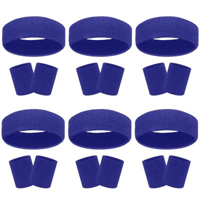 18 Pcs Sweatbands Headband Wristband Set Colorful Striped Terry Cloth Sports Athletic Gym 80s Sweat Headbands Wrist Bands (Dark Blue)