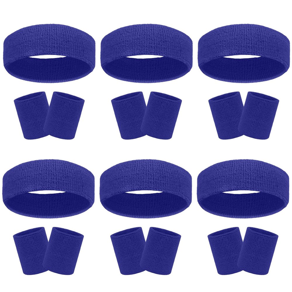 18 Pcs Sweatbands Headband Wristband Set Colorful Striped Terry Cloth Sports Athletic Gym 80s Sweat Headbands Wrist Bands (Dark Blue)