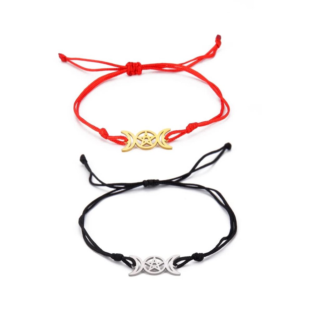 1 Pair Witches Knot Charm Bracelets Set Stainless Steel Celtic Knot Wiccan Symbol Pagan Triple Goddess Braided Adjustable String Rope for Women Men Couple Geometric Witchcraft Jewelry-C