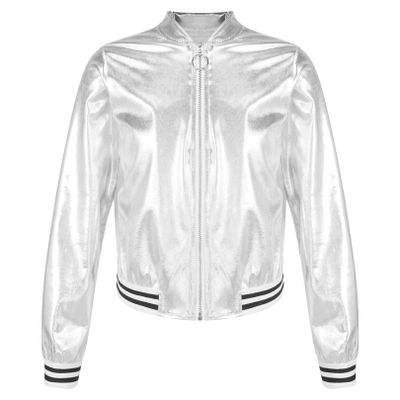 FEESHOW Girls Boys Sequined Metallic Bomber Jacket Zip Up Coat Outerwear for Hip Hop Jazz Sports Diaco Party Wear Silver 12 Years