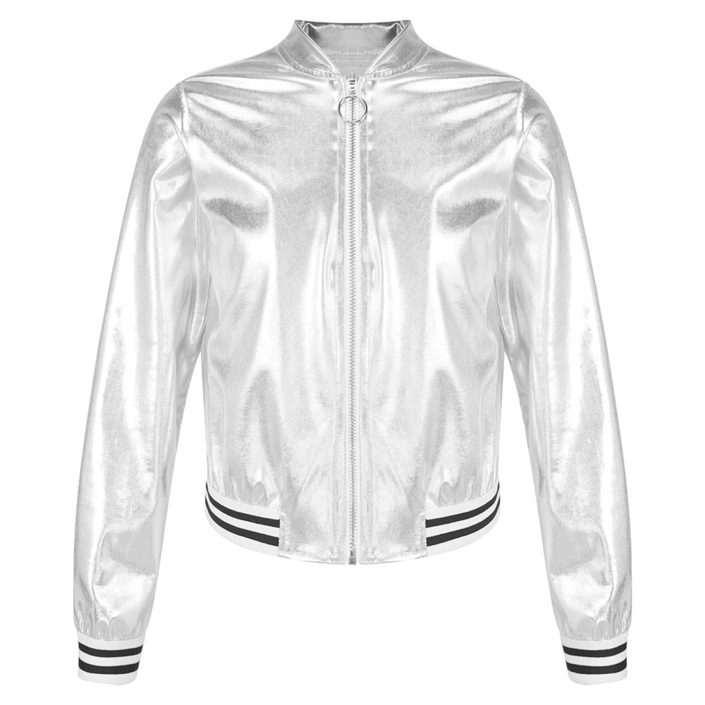 FEESHOW Girls Boys Sequined Metallic Bomber Jacket Zip Up Coat Outerwear for Hip Hop Jazz Sports Diaco Party Wear Silver 12 Years