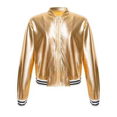 FEESHOW Girls Boys Sequined Metallic Bomber Jacket Zip Up Coat Outerwear for Hip Hop Jazz Sports Diaco Party Wear Gold 10 Years