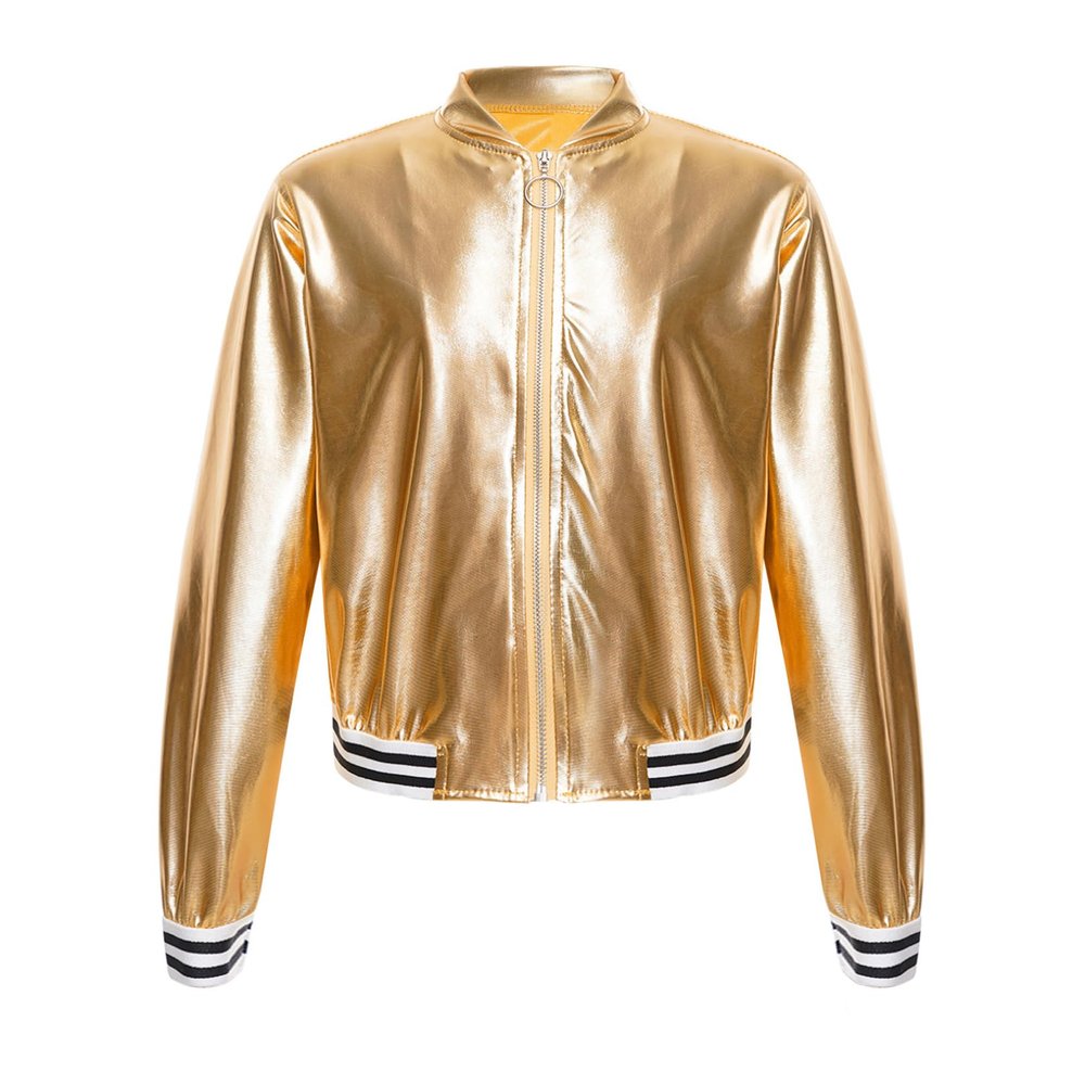 FEESHOW Girls Boys Sequined Metallic Bomber Jacket Zip Up Coat Outerwear for Hip Hop Jazz Sports Diaco Party Wear Gold 10 Years