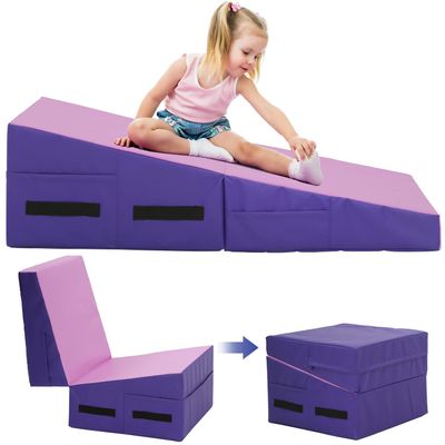 Gymnastics Cheese Mat for Kid Adult, 48"X24"X14" Folding Tumbling Mat for Home Gym, Incline Wedge With Non-Slip PVC Surface & Handle, Pink